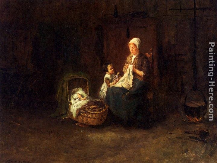 Bernard de Hoog A Mother And Her Children In An Interior